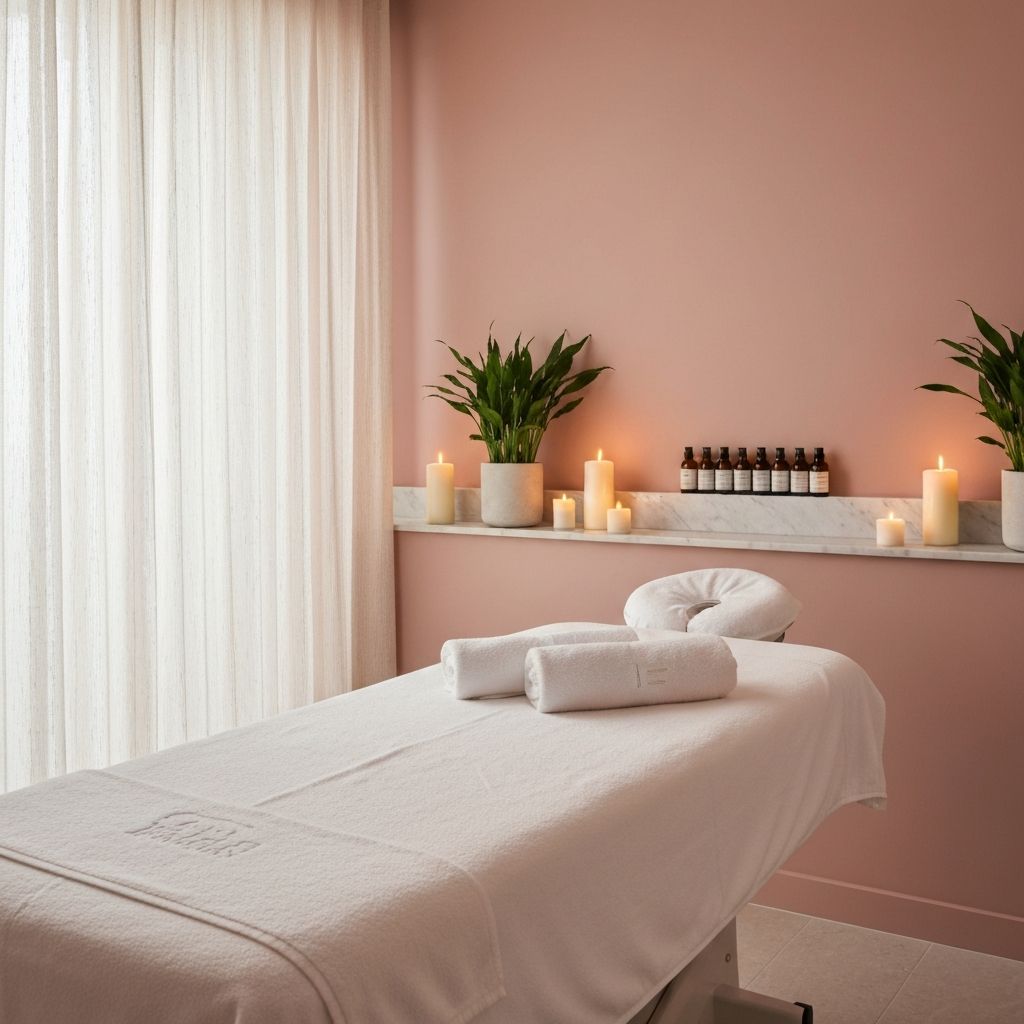 Serene beauty salon treatment room with soft pink decor, white linen and candles